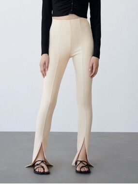 High Waisted Front Seam Slit‎ Hem Pants Women's M Beige Cotton Stretch NWT
